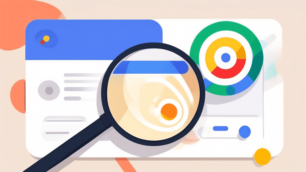 A magnifying glass hovering over a Google My Business profile icon, with the icon's details highlighted.