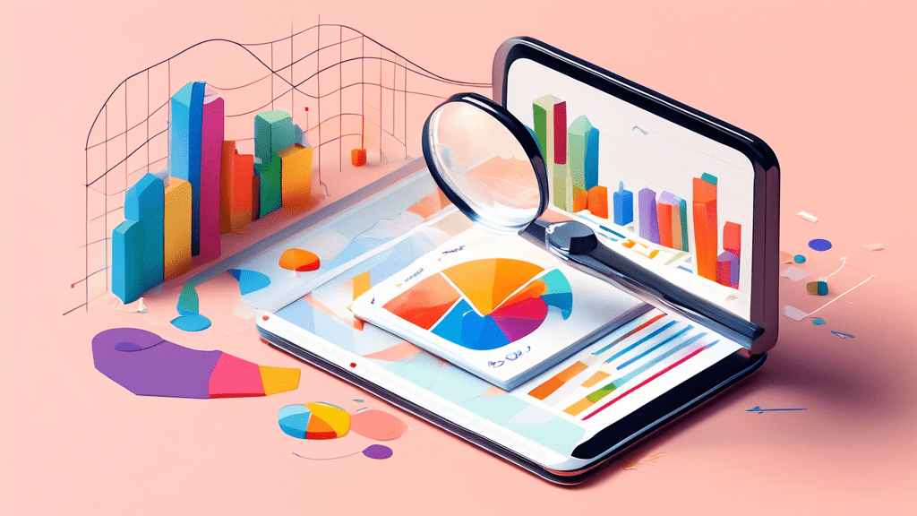 A magnifying glass hovering over a miniature Google My Business storefront with analytical charts and graphs bursting out from the screen.