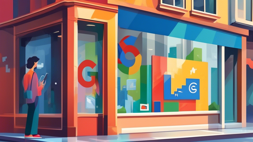 A storefront window with a Google Maps pin inside reflecting a bustling city street and a phone displaying a Google Business Profile.