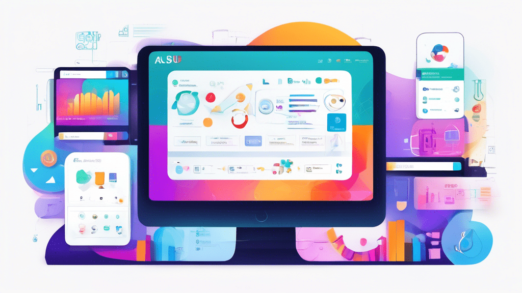 Create an illustration of a modern, sleek digital dashboard titled ASUB Portal. The dashboard should have various sections such as Courses, Grades, Notifications, and Messages, each represented by col