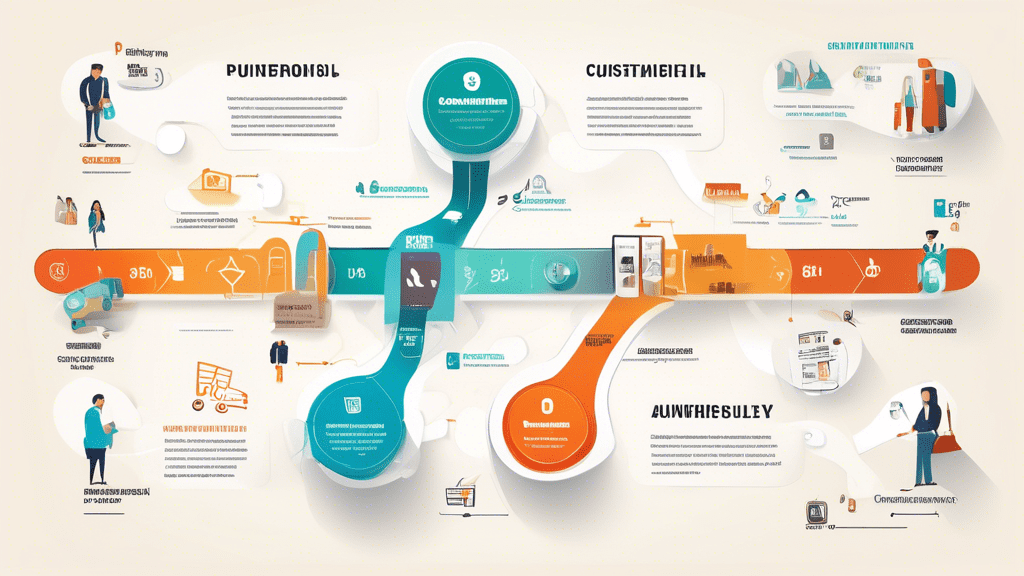 Create a detailed visual representation of a customer's journey in a modern marketplace. Illustrate various stages such as awareness, consideration, purchase, and post-purchase (loyalty and advocacy).