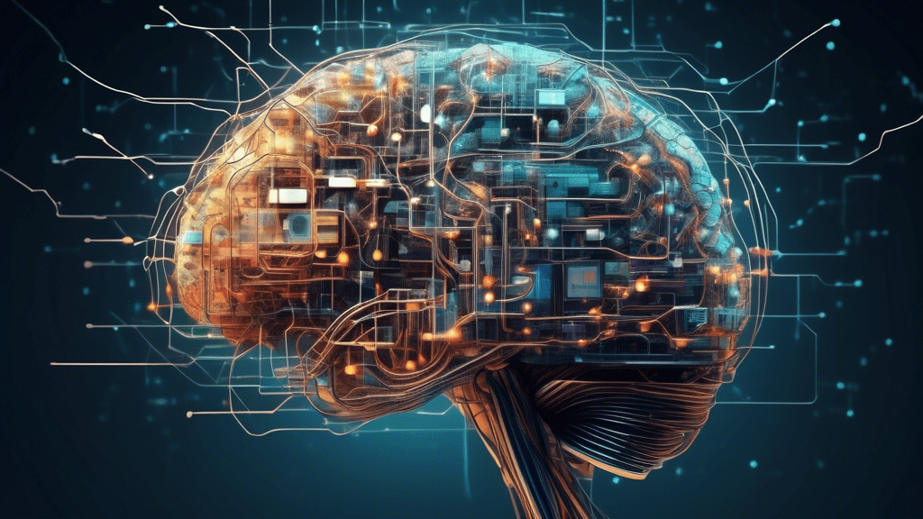 Create an image depicting a layered brain made up of interconnected digital components, representing the complexity and functionality of large language models (LLMs). Include visual elements such as n