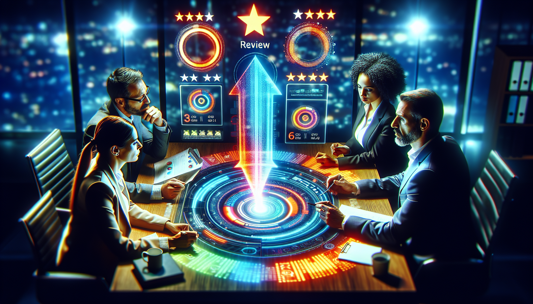 An intricate digital dashboard displaying a variety of glowing, colorful review alerts and notifications, with business professionals analyzing and discussing these alerts in a modern office setting,