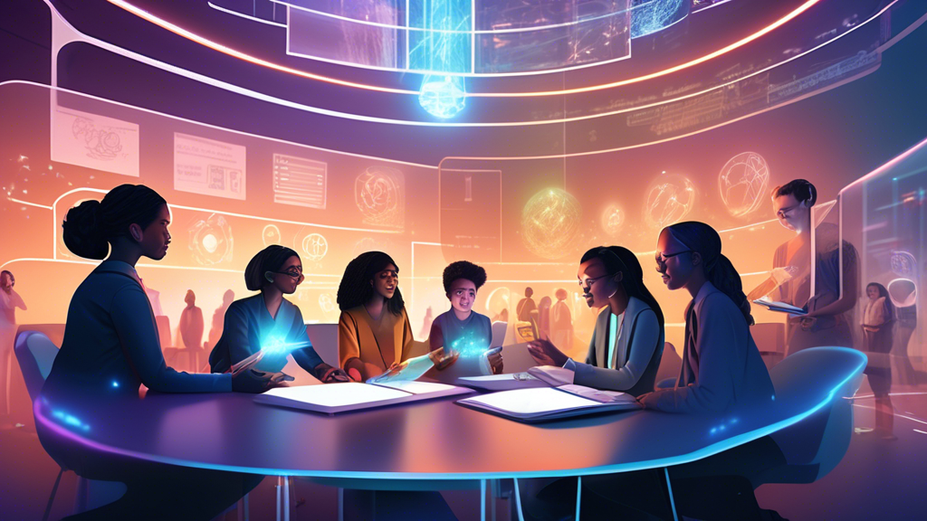 Create an illustration that showcases a diverse group of students and professionals engaging with a large language model (LLM). The scene should be set in a futuristic, high-tech learning environment