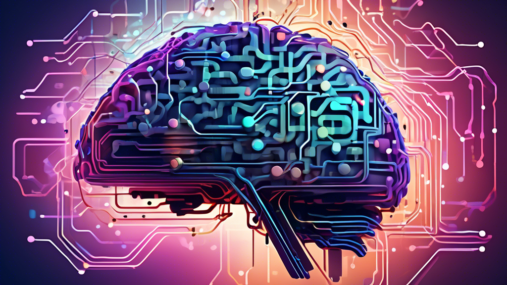 Create a detailed and vibrant digital illustration of a futuristic AI brain with various interconnected nodes and circuits, representing the inner workings of a large language model (LLM). Surround th