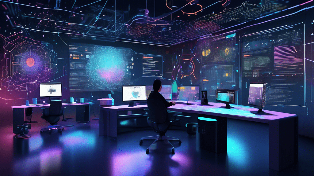 Create an image depicting a high-tech, futuristic workspace with a large computer screen showing GitHub Copilot in action. Surrounding the screen are visual representations of machine learning models,
