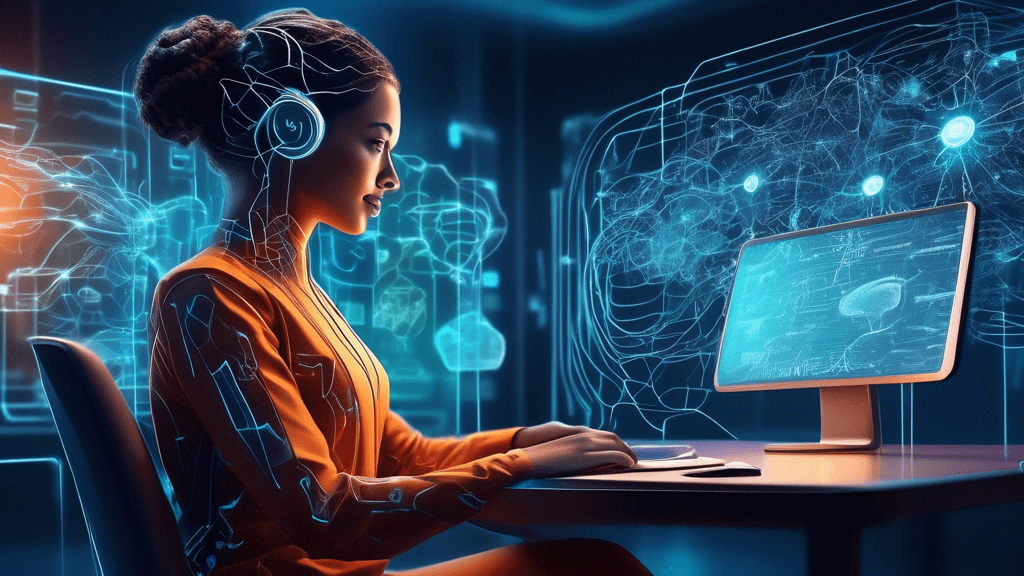 Create a detailed illustration of a sophisticated language model behind a virtual assistant resembling Amazon Q, featuring interconnected neural networks, data flow, and abstract representations of ma