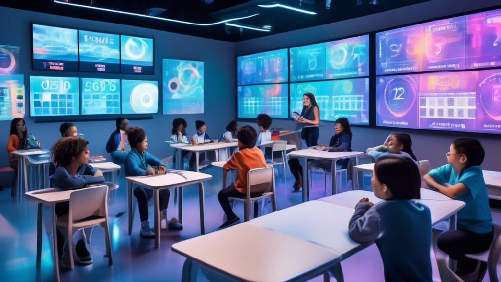 A futuristic classroom with a diverse group of students and a teacher, all engaged in an interactive lesson about the concept of time slots. The room features holographic displays showing various digi
