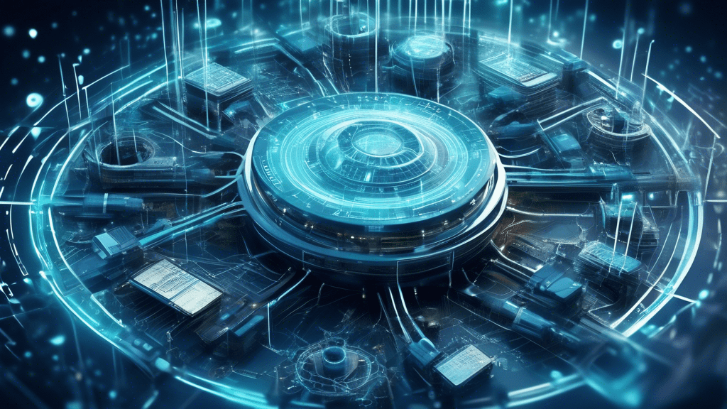 Create an image illustrating a futuristic digital gateway with interconnected networks, servers, and data streams flowing through it, symbolizing the concept of an NMI Gateway. Include elements like g