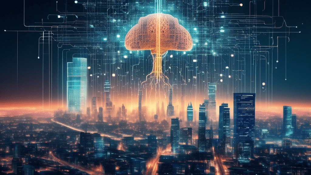 Create an image illustrating the concept of the rise of Large Language Model (LLM) Artificial Intelligence. Show a futuristic cityscape with towering digital structures made of binary code and circuit