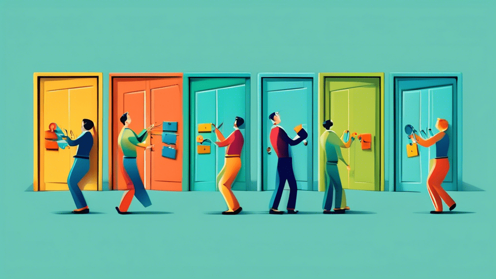 A busy professional juggling keys to different doors, with each door representing a different online service.