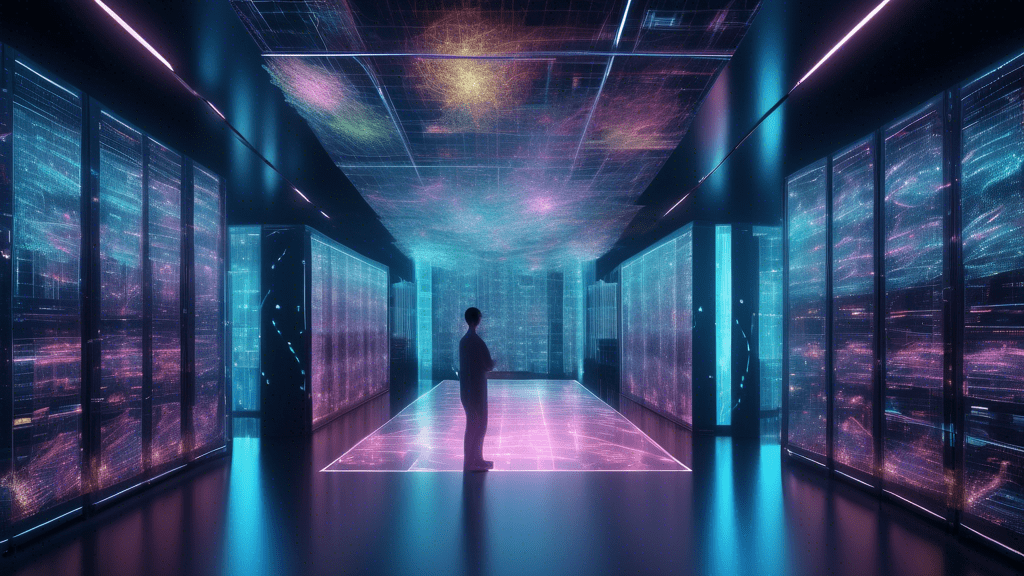 Create an image showing a futuristic data storage facility filled with holographic representations of neural networks and large datasets. The facility is equipped with towering servers, glowing data s