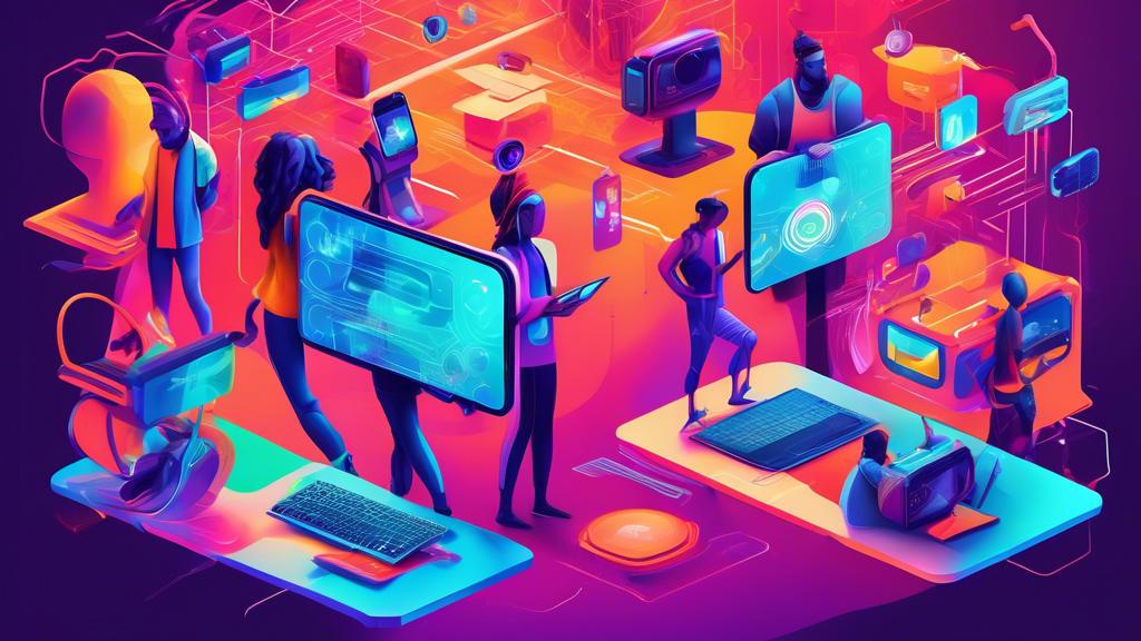 Create an image depicting a vibrant digital landscape filled with diverse users seamlessly interacting with various devices and platforms. Highlight the theme of unlimited access by showcasing interco