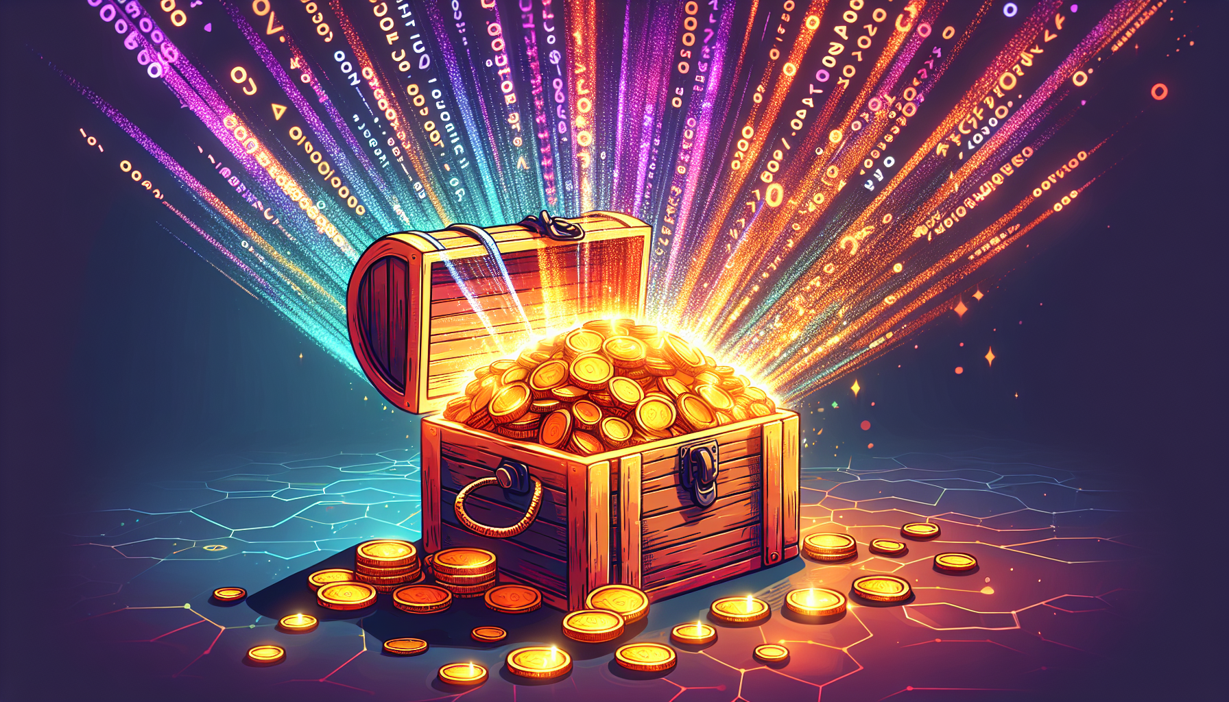 A treasure chest overflowing with gold coins, with a giant glowing coupon code hovering above it.