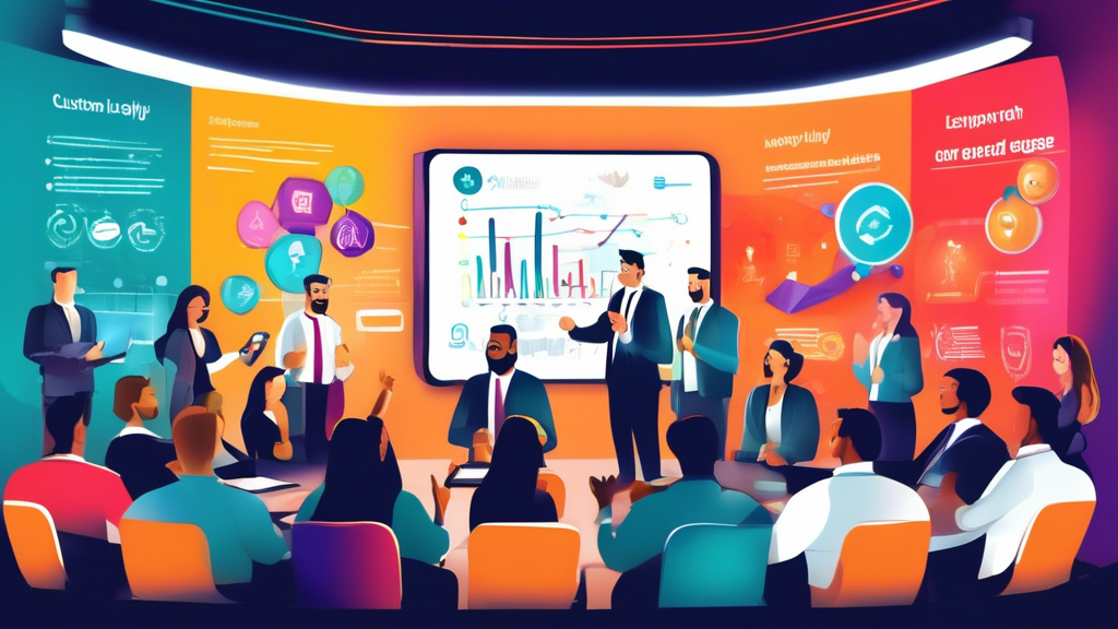 An energetic business seminar scene where a speaker is presenting to an engaged audience. The presentation screen displays charts and graphs with headings like 'Customer Loyalty', 'Key Insights', and
