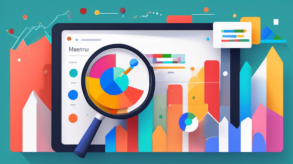 A magnifying glass hovering over a Google My Business storefront, revealing colorful charts and graphs analyzing customer data.