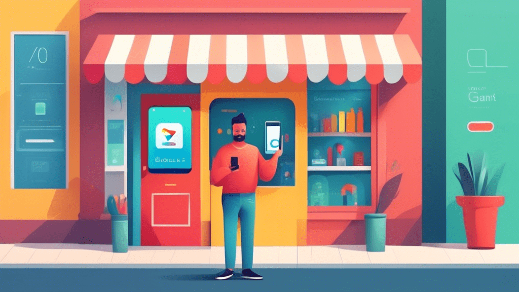 A storefront with a giant smartphone displaying a Google Business Profile with the owner standing proudly in front.