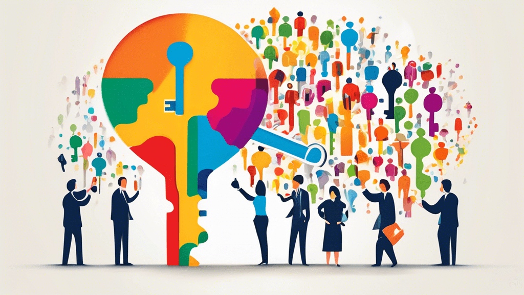 A giant key unlocking a flood of colorful leads, represented by people icons, pouring into a business funnel.