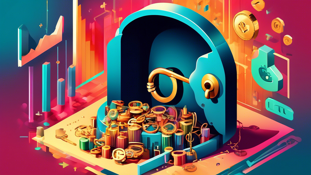 A key unlocking a vault overflowing with data visualizations and charts, symbolizing the unlocking of success through data-driven strategies.