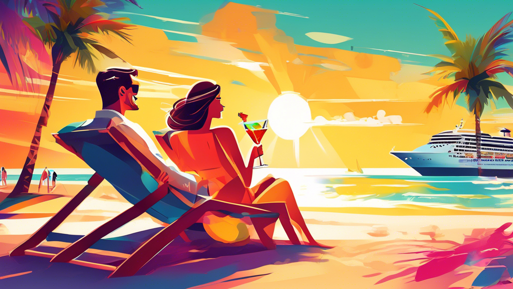 A happy couple relaxing in lounge chairs on a sunny beach with a colorful cocktail in hand and a luxurious cruise ship in the background.
