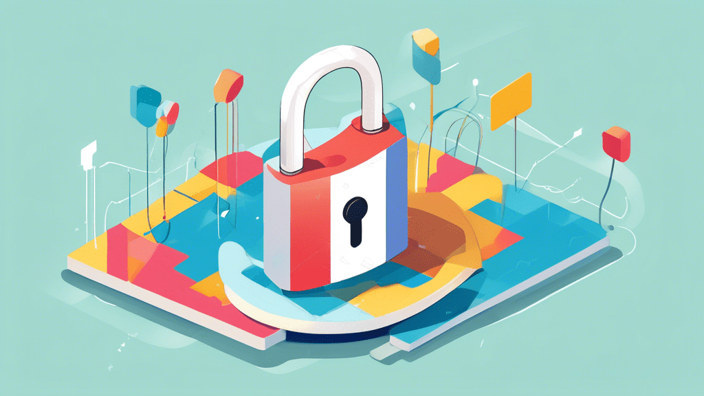 A padlock wrapped in a Google Maps location pin, surrounded by floating data charts and graphs.