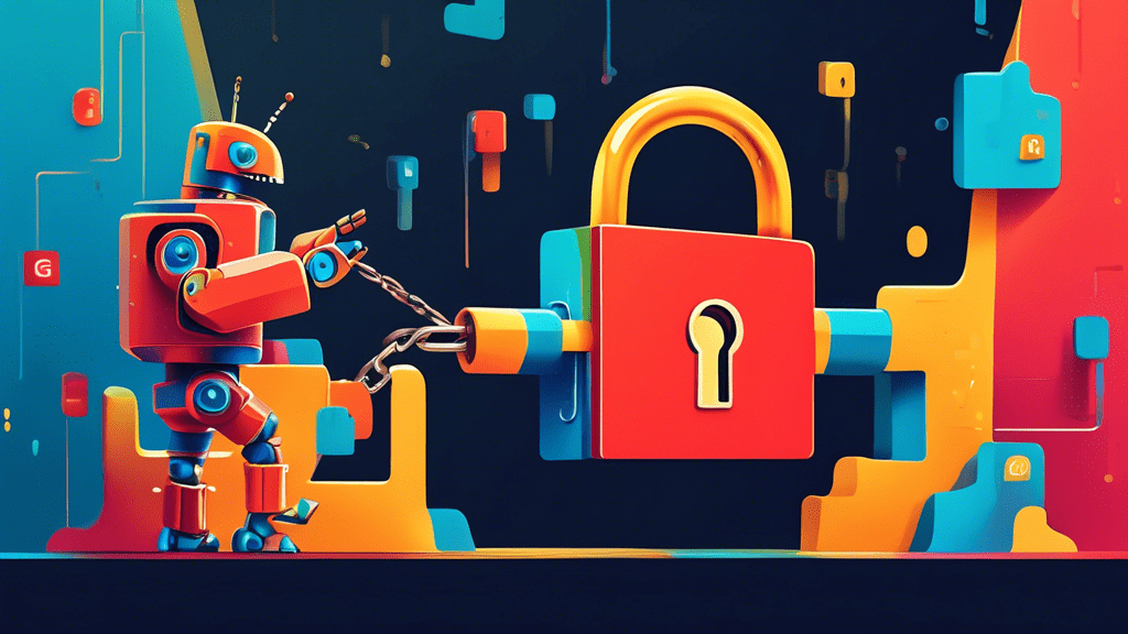 A friendly robot unlocking a giant padlock shaped like the Google My Business logo, with data streaming out from behind it.