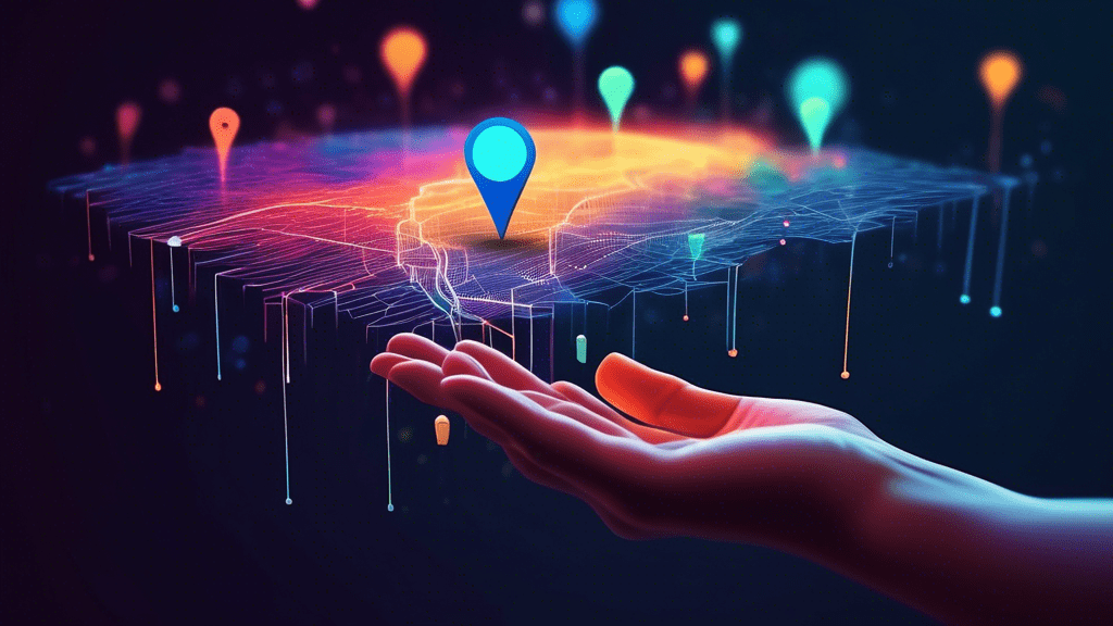 A hand reaching out to a glowing Google Maps pin with data streams flowing into it.