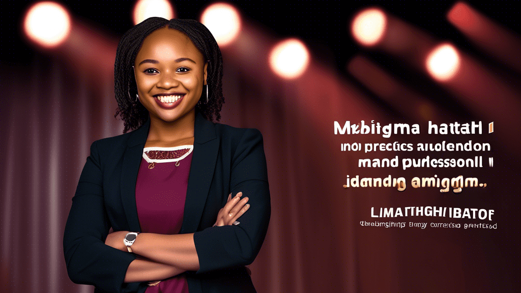 Create a digital portrait of Mbatha, a charismatic and confident emerging leader, dressed in professional attire, standing on a stage with a spotlight highlighting her. Include audiences clapping in t