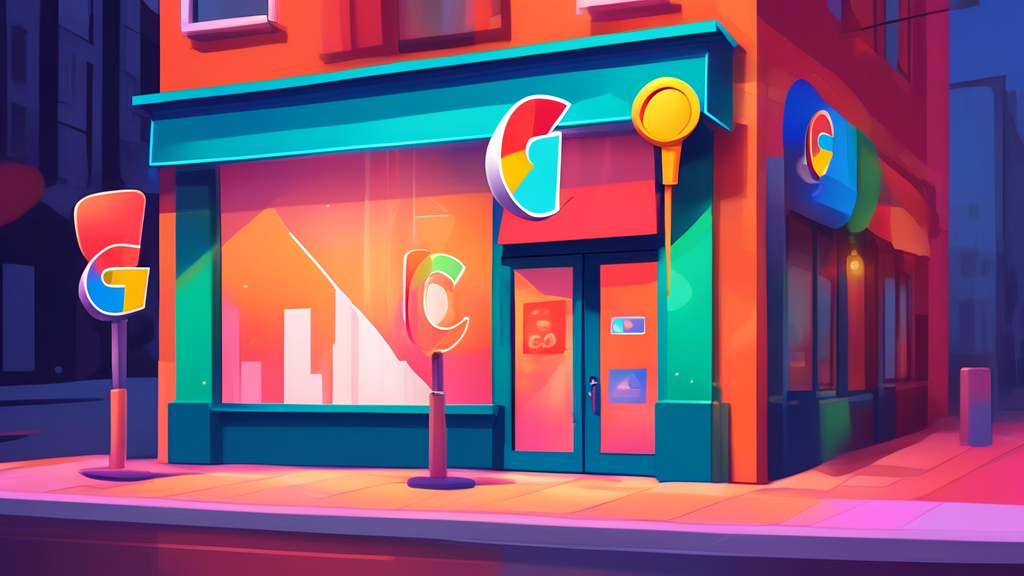 A storefront with a giant Google Maps location pin updating its address with flashing lights.