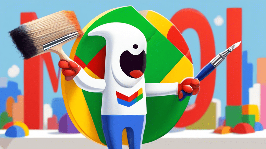 A friendly cartoon Gmail logo holding a paintbrush, painting a giant @ symbol with the Google My Business storefront icon in the background.