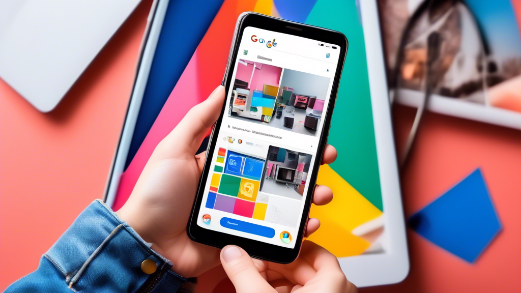 A hand holding a smartphone displaying a Google Business Profile with a new photo being uploaded, surrounded by photography equipment and editing software.