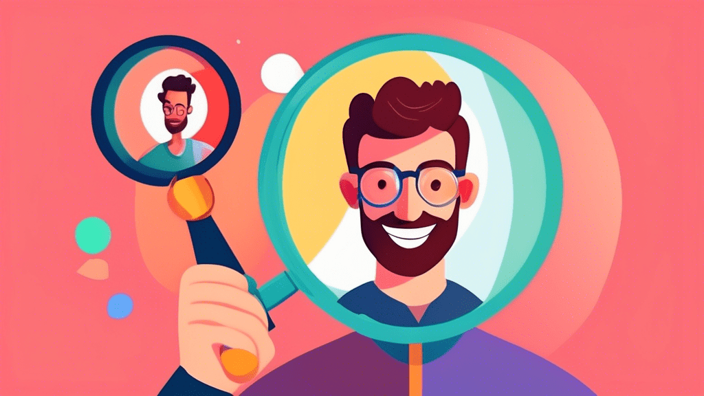 A person uploading a photo of themselves smiling to their Google profile, with a large magnifying glass hovering over the profile picture.
