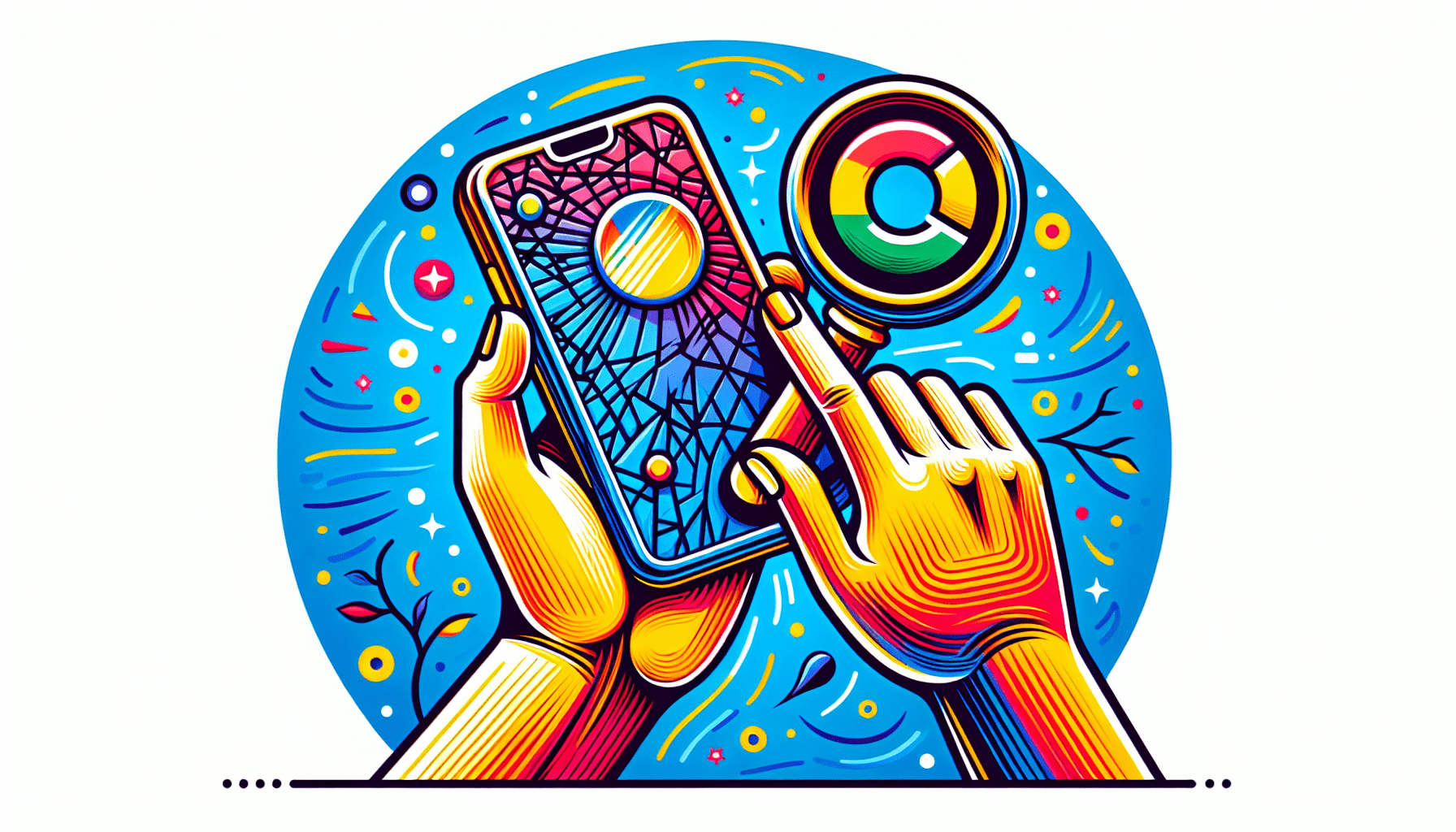 A hand holding a smartphone with a cracked screen uploading a selfie to a giant Google profile logo.