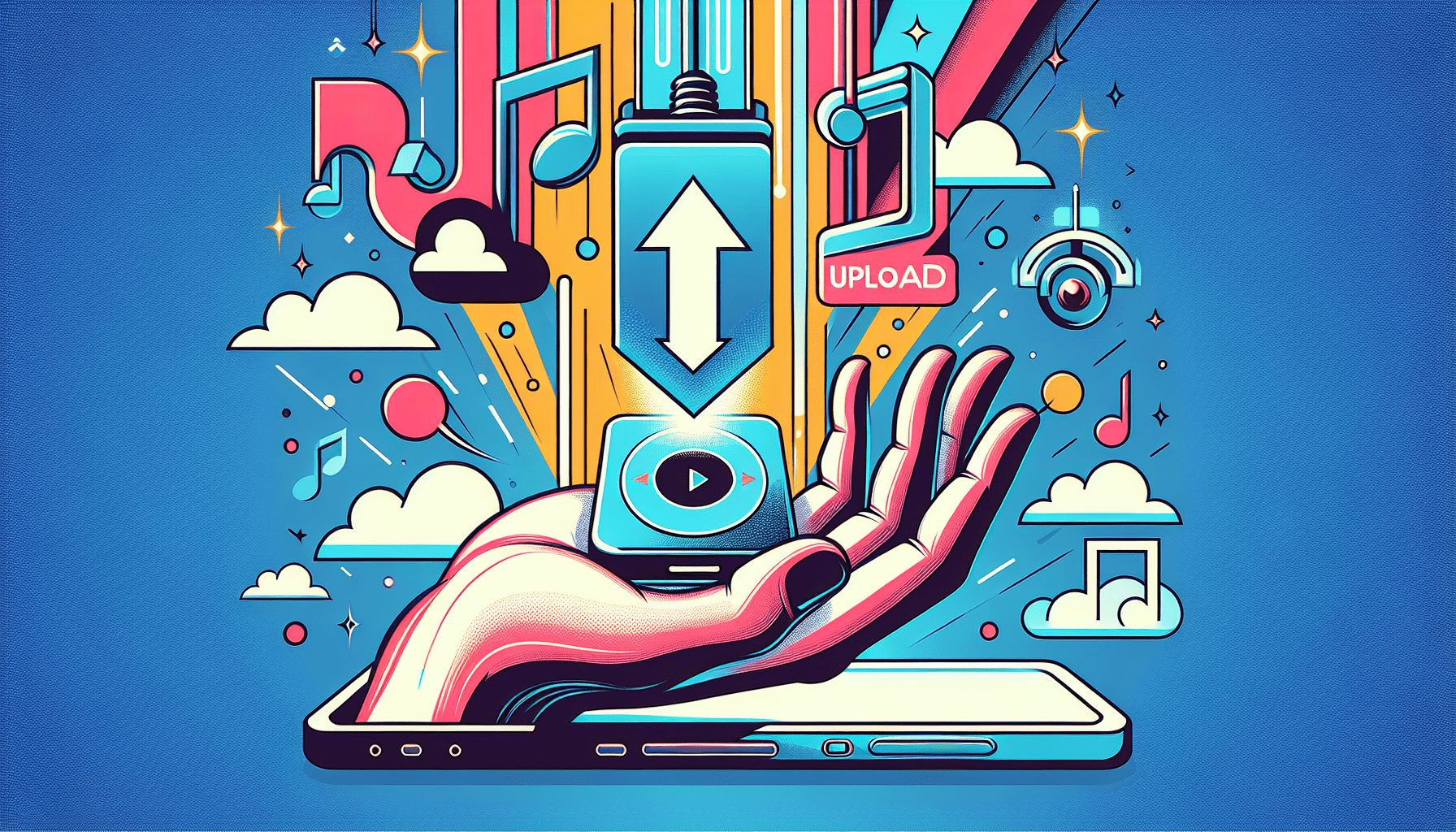 A hand reaching out from a computer screen holding an MP3 player with a glowing upload arrow pointing towards it.