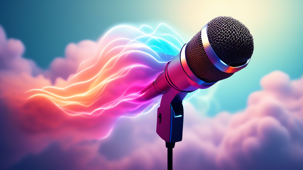 A microphone levitating with glowing sound waves flowing upwards into a cloud.