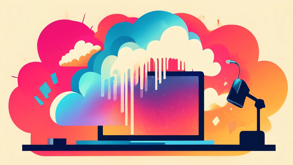A hand reaching out from a computer screen to upload an mp3 music file into a cloud storage system.