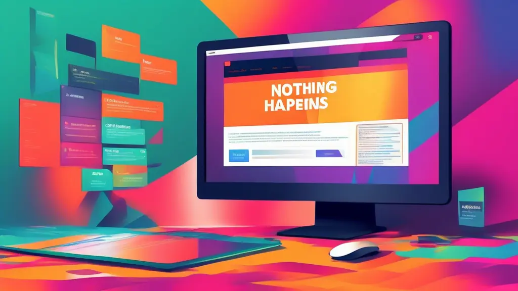 A computer screen displaying a website with a single button that, when clicked, displays the text, Nothing Happens.
