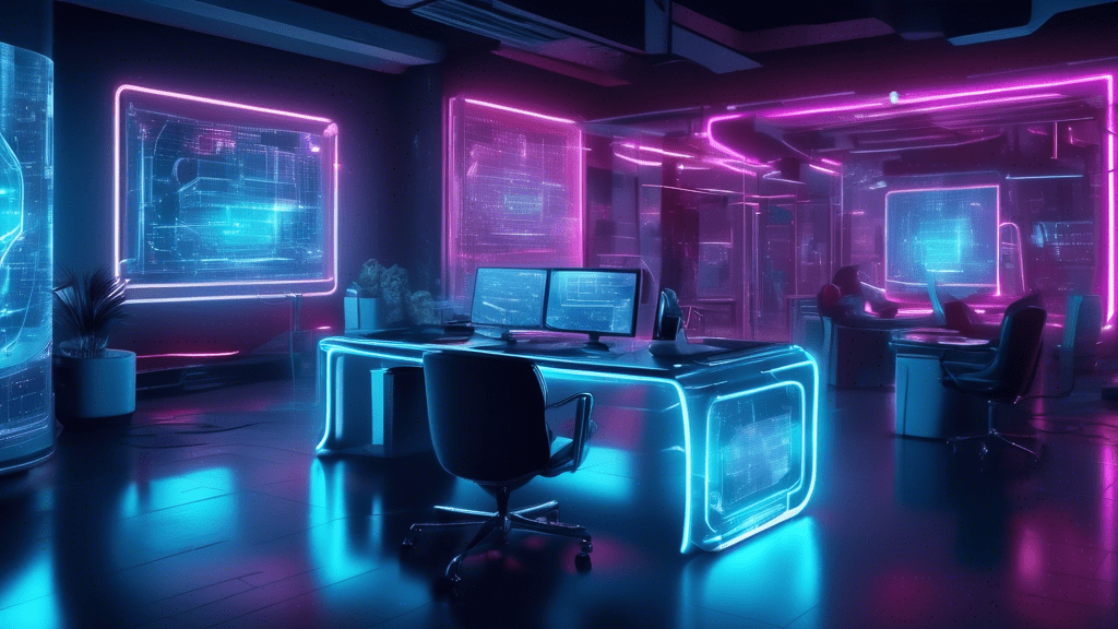 Create an image of a futuristic office where programmers are working alongside advanced AI holograms that assist in writing and debugging code on large floating screens. The environment should be fill