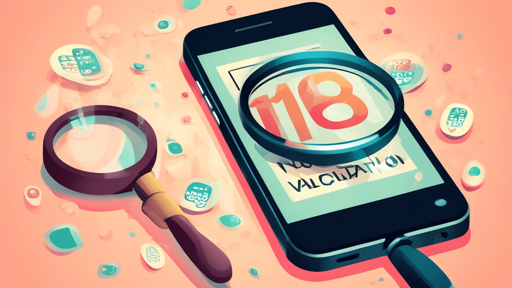 A magnifying glass hovering over a smartphone with a phone number validation code displayed on the screen.