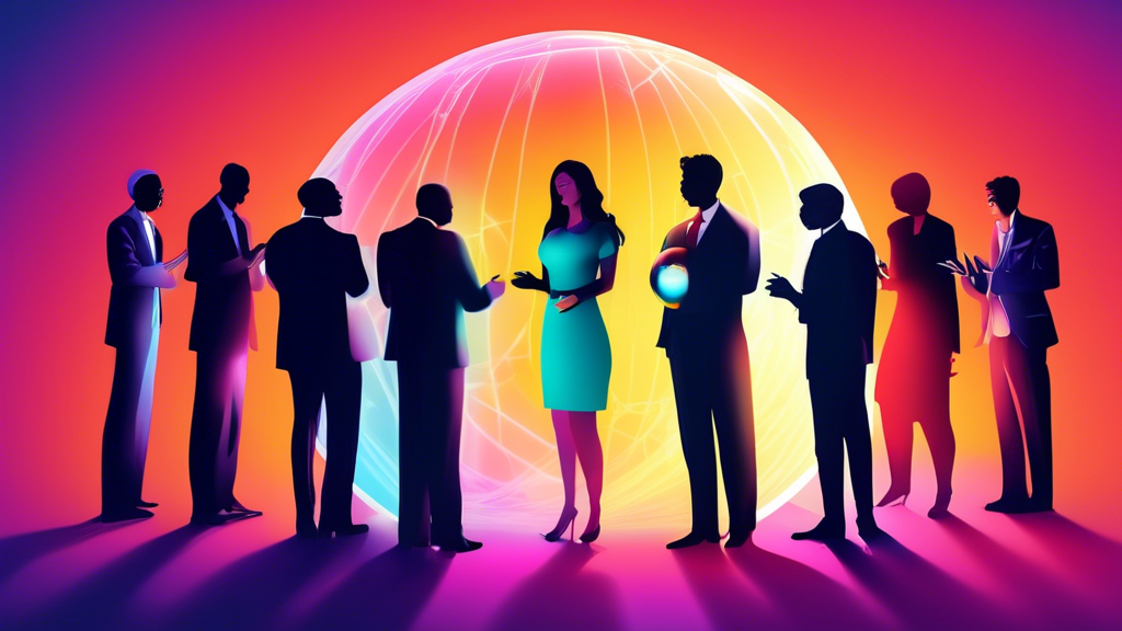 A group of diverse business people collaborating around a single glowing orb.
