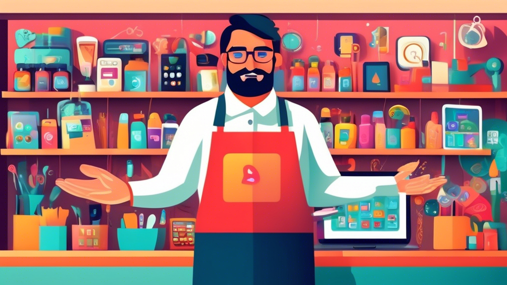 A shopkeeper presenting a variety of digital tools and apps, radiating from their hands, to a small business owner.