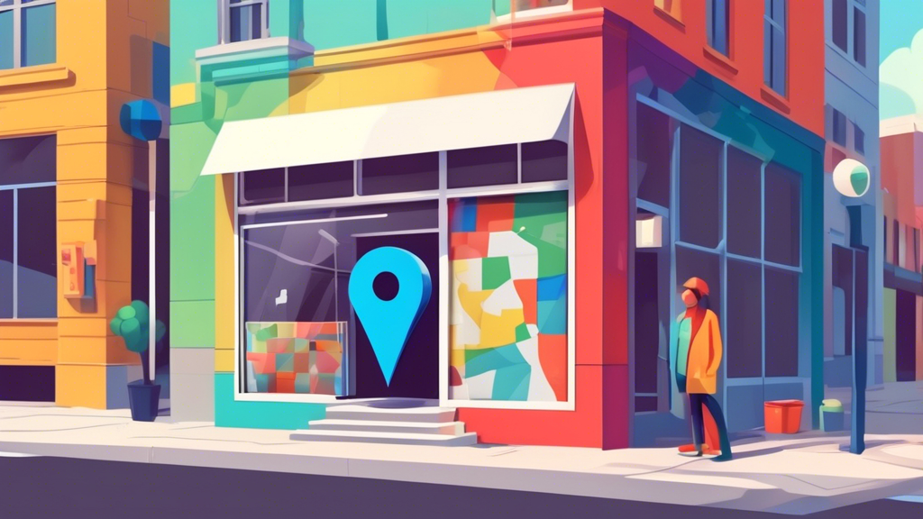 A storefront with a giant Google Maps pin sticking out of it and a magnifying glass hovering over the storefront examining it.