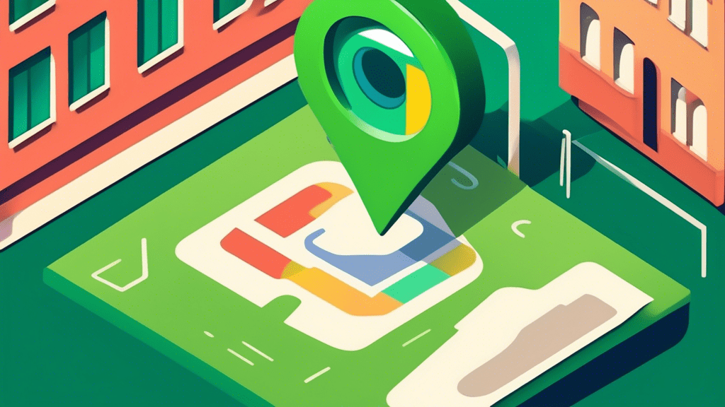 A storefront with a giant Google Maps pin sticking out of it and a magnifying glass hovering over it, casting a green checkmark shadow.