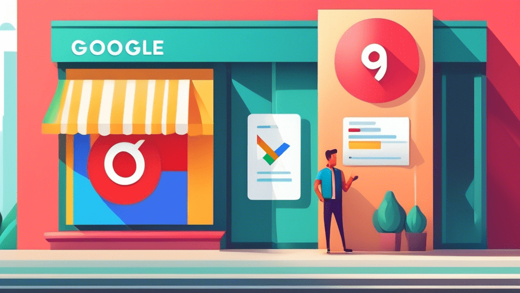 A storefront with a giant checkmark hovering over a smartphone displaying the Google Business Profile interface.