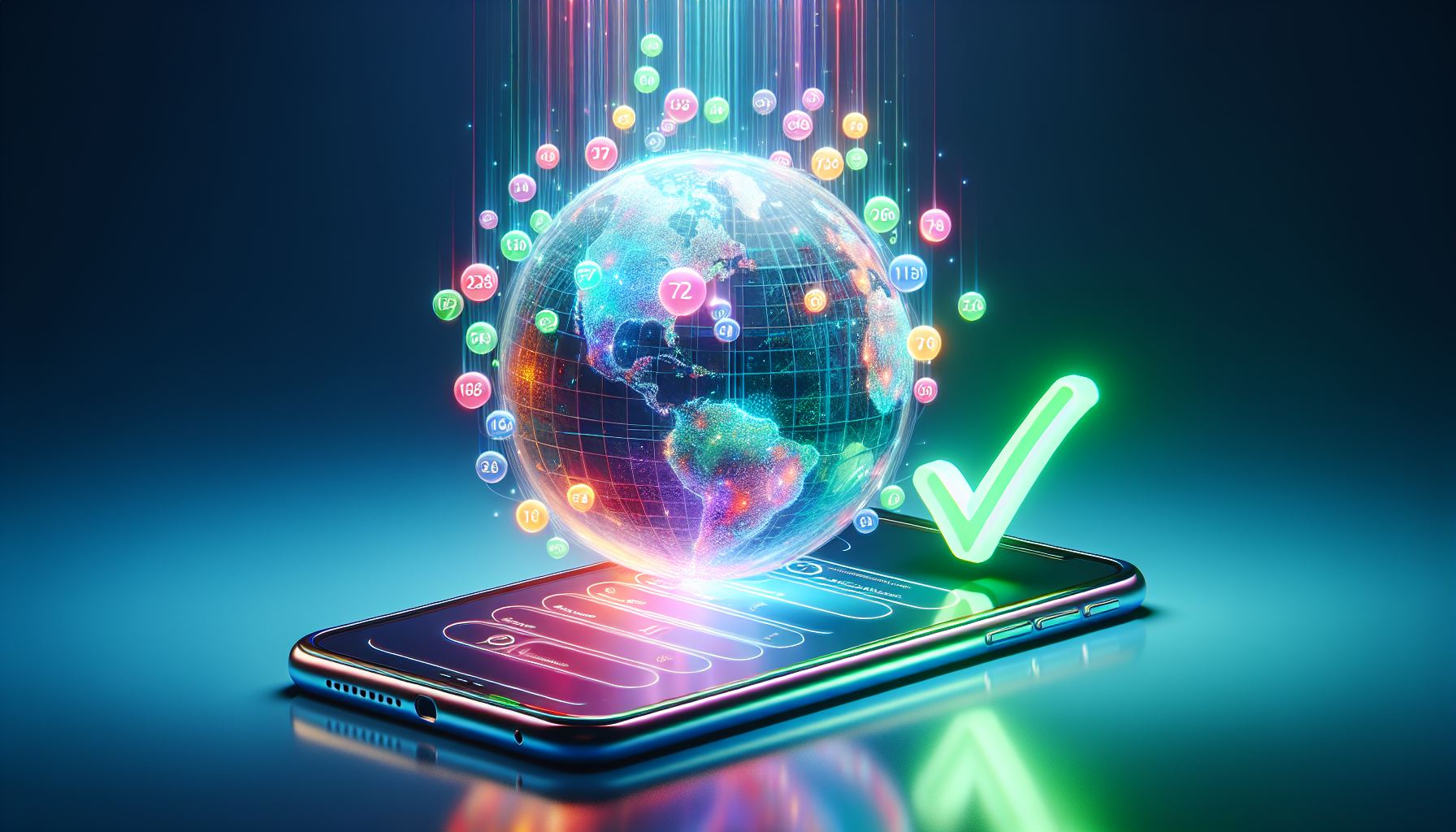 A smartphone with a translucent globe floating above it, the globe filled with glowing phone numbers from around the world. A green checkmark hovers near the phone's screen.