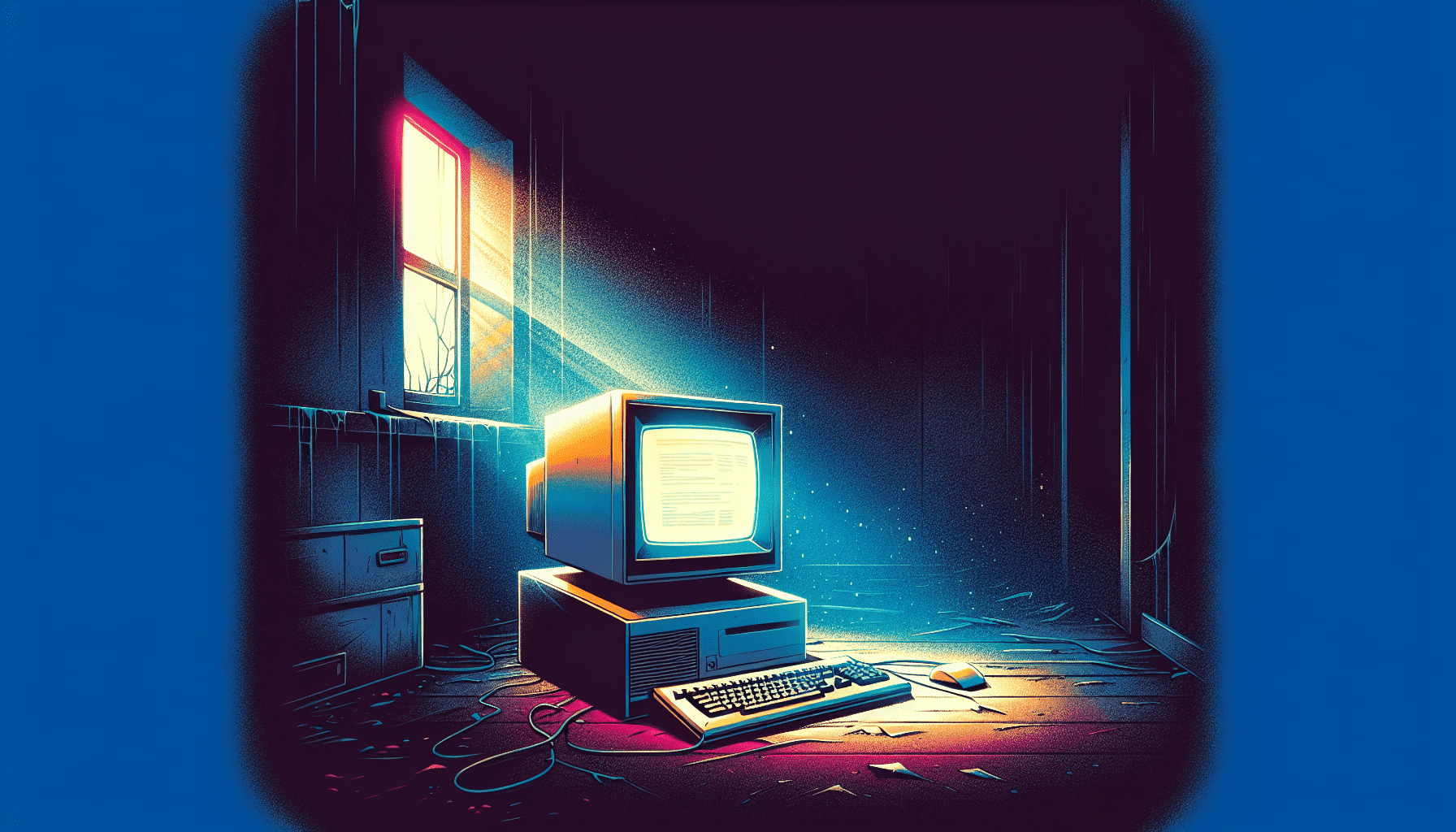 A lone and outdated desktop computer sits in a dark room, covered in dust and cobwebs, with a dim light illuminating the abandoned homepage of a forgotten website on the screen.