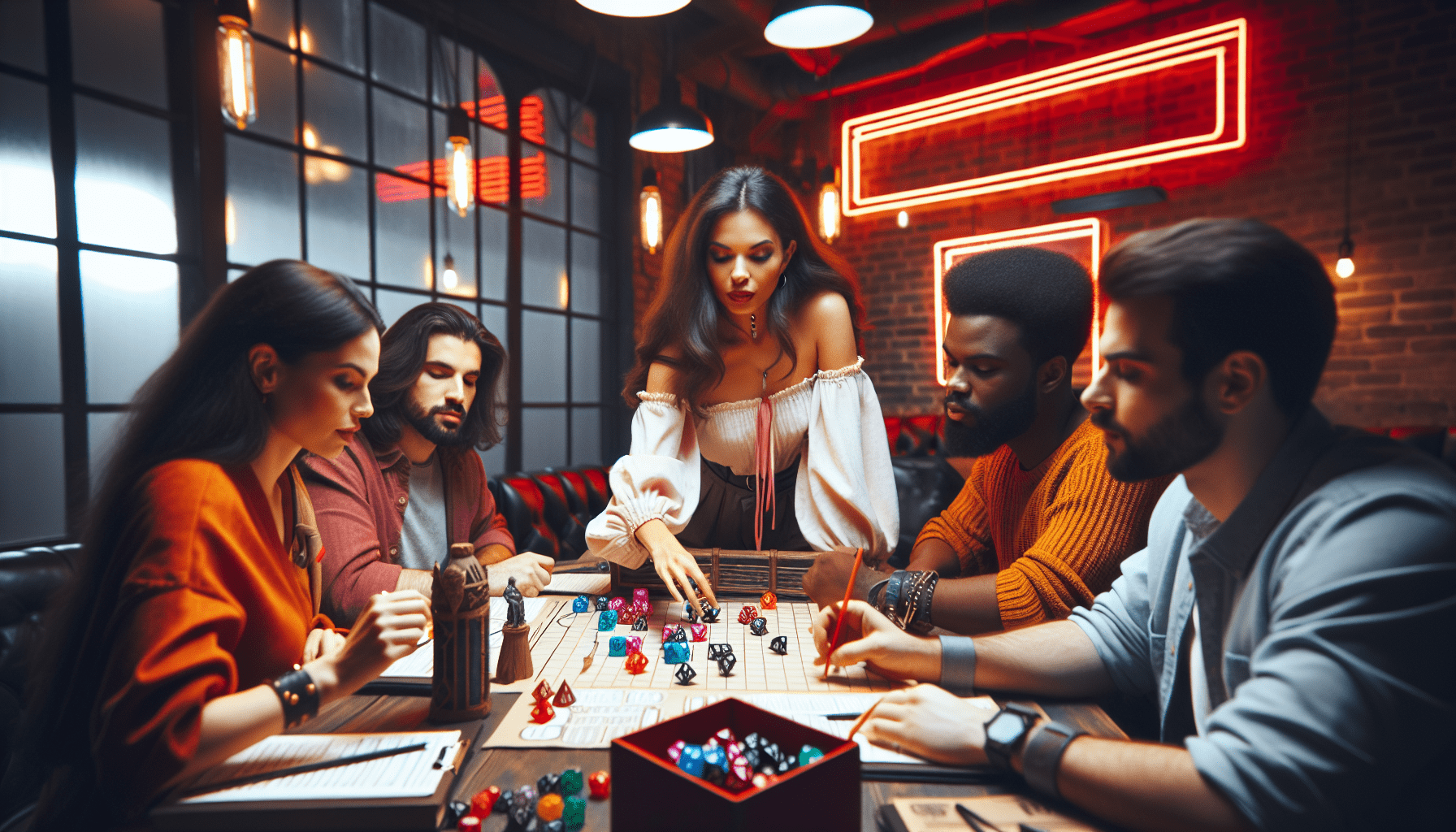 A group of friends gathered around a table playing Dungeons and Dragons, with dice, character sheets, and a dungeon master leading the game.