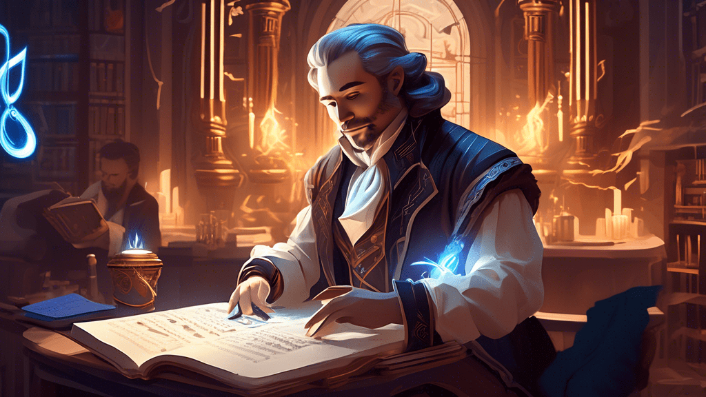 Create a digital illustration showcasing an advanced AI language model powering a modern day Bard. The Bard, dressed in contemporary yet timeless attire, holds a quill that glows with a futuristic lig