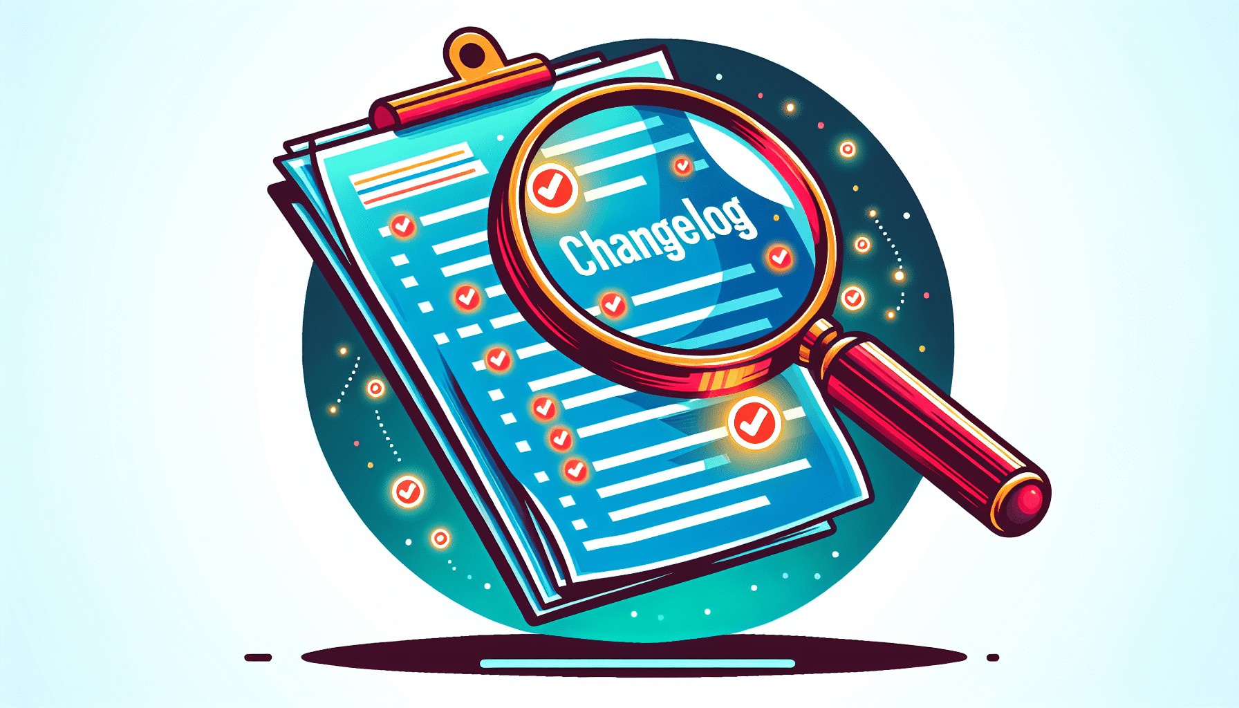 A magnifying glass hovering over a digital document titled Changelog with glowing new features highlighted.