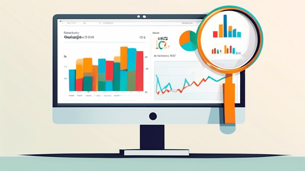 A magnifying glass hovering over a computer screen displaying the Google Analytics dashboard with a rising graph of pageviews.